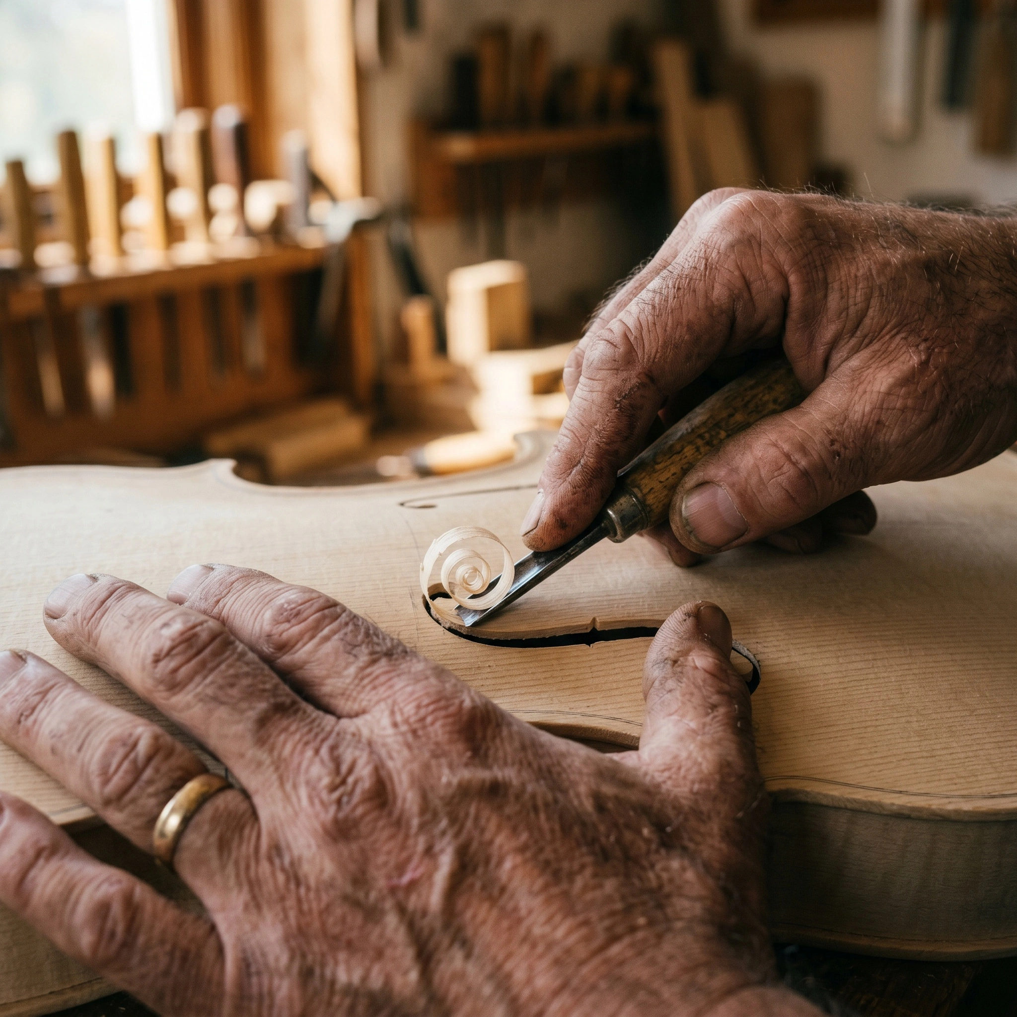 Macro view of a luthier's weathered hands carving the scrolled f-hole of an unfinished violin top, gold band on one ring finger, a small steel blade peeling a curl of spruce. Soft north-window light from the cluttered workshop behind sets the pale wood glowing against blurred tools and clamps. Earthy ochres and skin tones, documentary 50mm warmth.