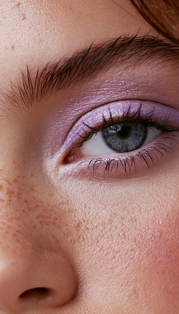Macro crop of a freckled face, slate-blue iris ringed by lavender shimmer shadow and dark mascara, fine brow hairs catching directional window light. Skin texture reads in honest detail across cheekbone, nose bridge, and upper lip. Warm peach blush balances the cool eye, beauty-editorial 105mm clarity.