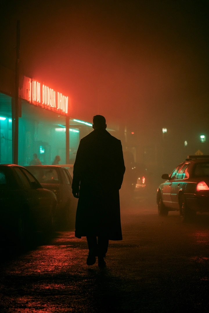 A long-coated figure walks down a fog-drenched street, lit from behind by the teal glow of a diner window and the bleeding orange haze of a neon burger sign. Parked sedans flank wet asphalt, atmospheric haze diffusing every light source. Anamorphic cinematic still, late-night Americana noir.
