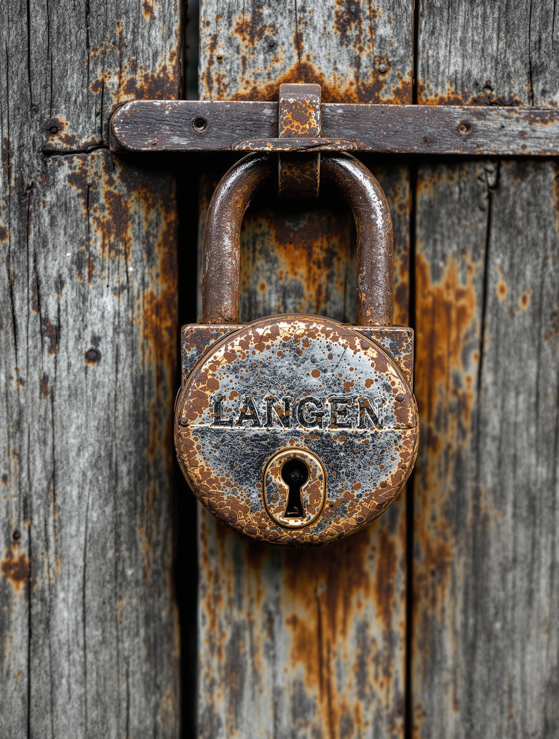 Heavily corroded iron padlock stamped LANGEN hanging on a strap latch across silvered timber planks, rust bleeding orange into the grey grain. Hard 3200K raking light digs out every pit and split, vertical macro with documentary texture and the weight of long abandonment.