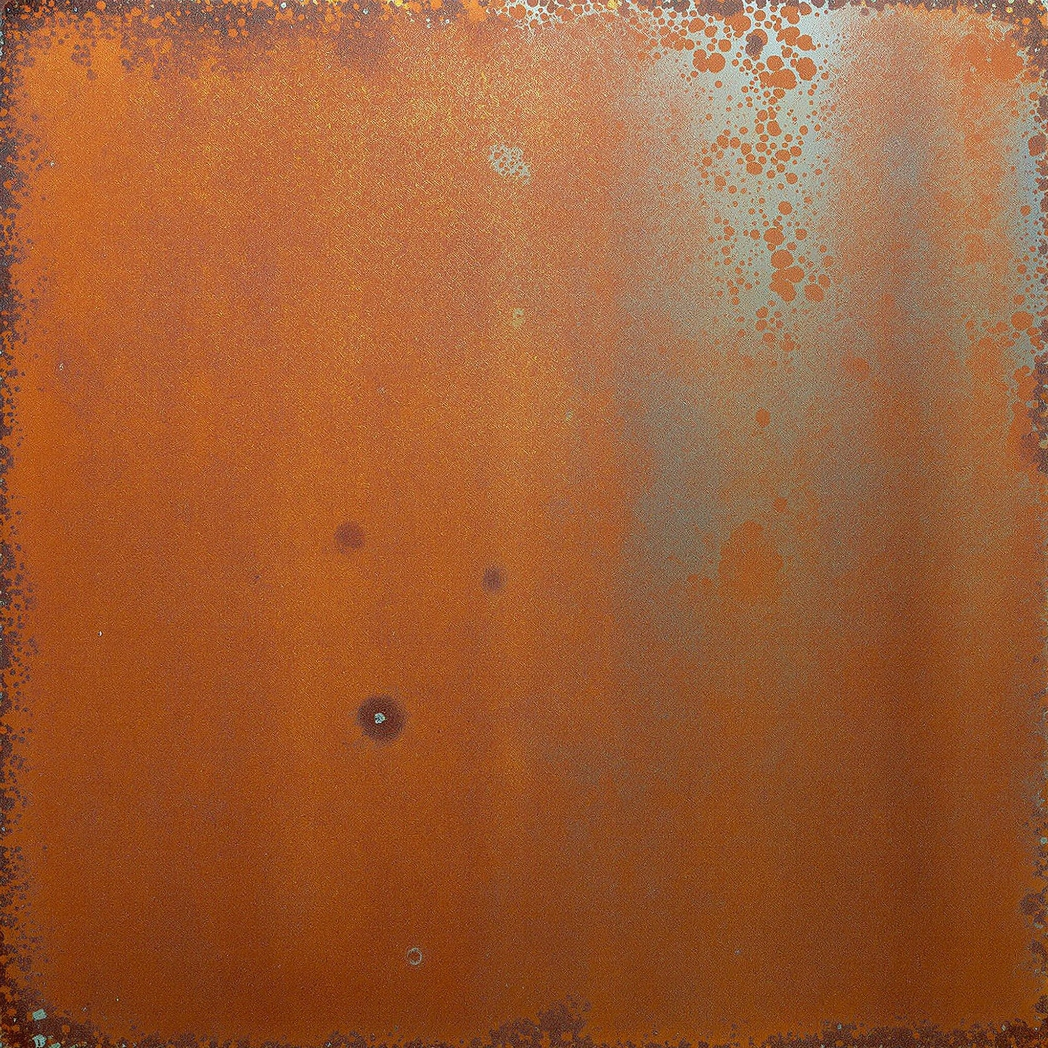 Flat square of oxidized steel, dominant burnt-orange rust bleeding across the plate with a cooler grey-blue patina pooling toward the upper right corner. Tiny constellations of pitting and droplets pepper the surface where moisture has worked. Abstract texture, painterly Rothko-like color blocking, industrial decay.