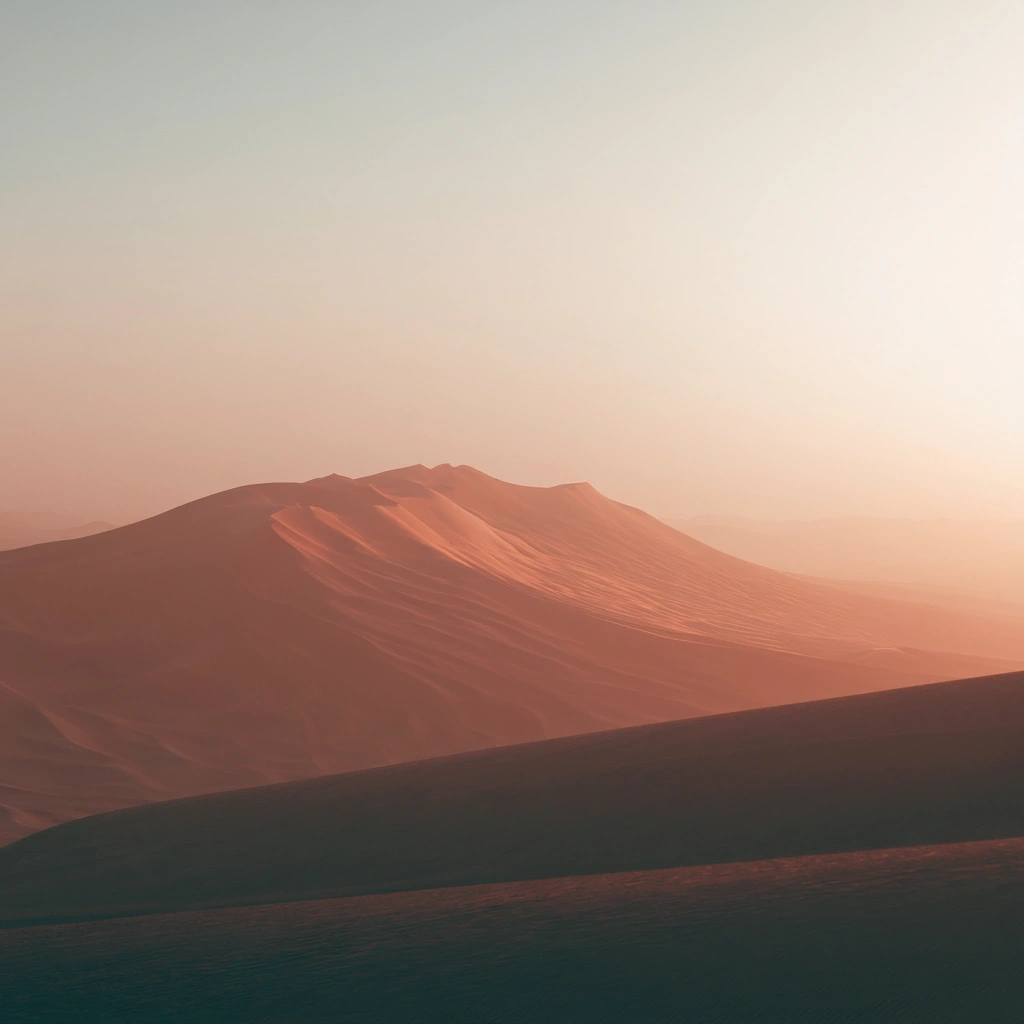 A sweeping dune ridge curves like a sleeping body across a pastel dusk sky, low sun grazing the crest in warm terracotta while shadowed valleys fall into cool teal. Sky gradients from peach to sage, minimal horizon. Tranquil square composition, ambient album-cover stillness.
