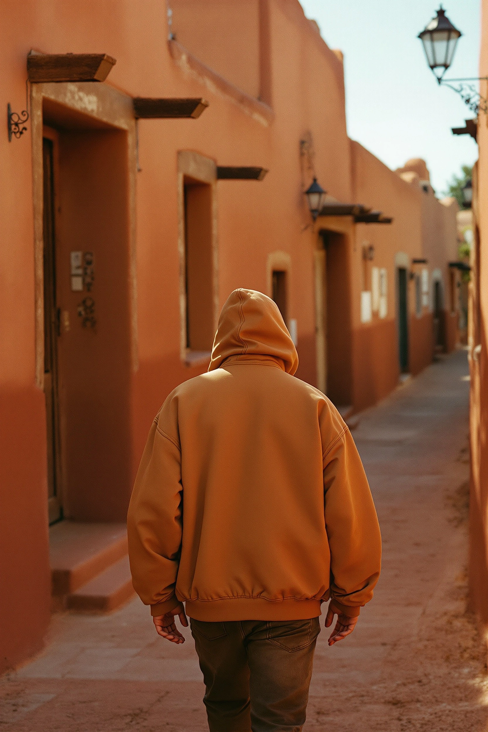 A hooded figure in a burnt-orange canvas anorak walks away down a narrow sun-baked adobe lane, terracotta walls glowing on either side and a wrought-iron lantern bracketed overhead. Centred from behind, late-afternoon hard light, dust on the warm earthen ground. 35mm street cinema, Mexican-village palette.