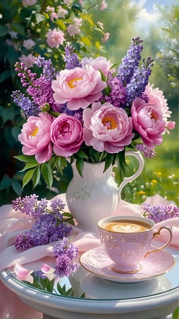 A lush garden tea table — a white porcelain pitcher overflowing with pink peonies and purple lilacs, a gold-trimmed teacup of latte with heart latte art on a pink silk runner. Sun-dappled foliage behind, painterly romantic still life. Motion: petals sway gently, steam rises from the cup, dappled sun shifts across the silk.