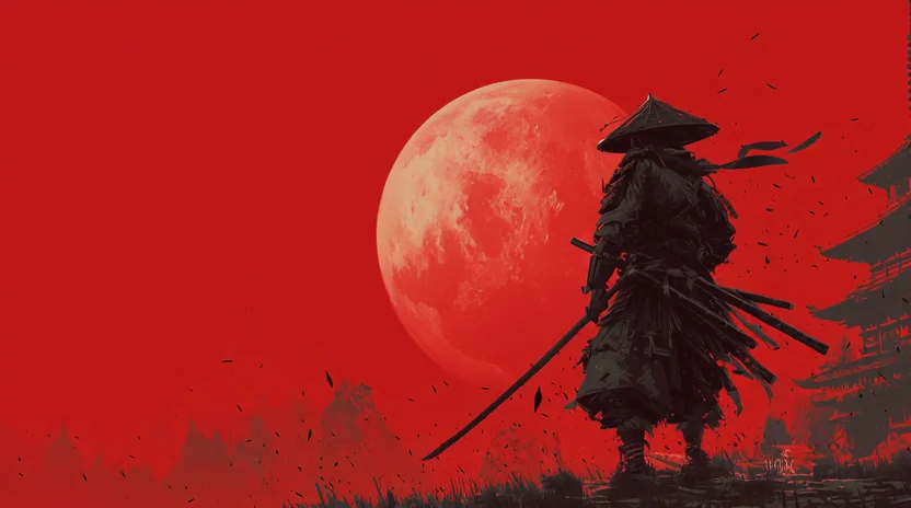 A lone samurai in straw kasa and tattered robes stands in silhouette before a colossal blood-red moon, pagoda rooftops looming behind. Bold two-tone graphic poster, black ink figures, flecks of ash drifting across a crimson sky. Motion: slow parallax pan, ash particles drift downward, robes ripple in faint wind.