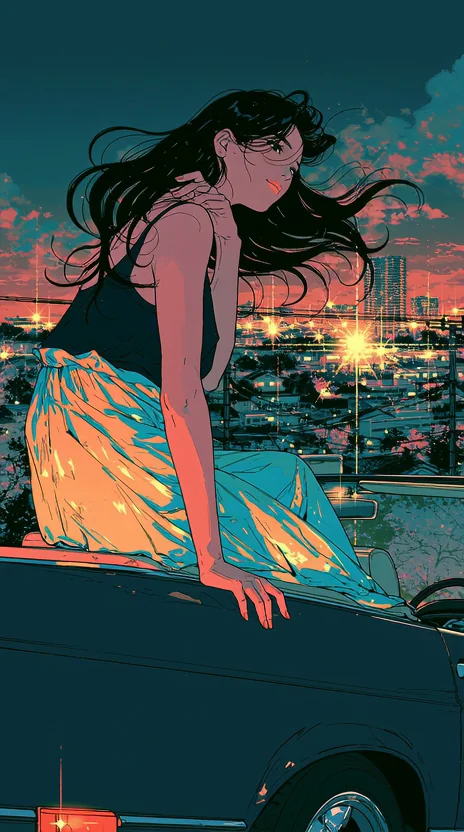 A long-haired woman in a flowing skirt perches on the hood of a car, hair streaming in the breeze as a glittering Tokyo skyline burns pink behind her. 80s anime illustration, Hisashi Eguchi-inspired city-pop nostalgia. Motion: hair and skirt billow, city lights twinkle and shimmer, slow parallax of skyline.