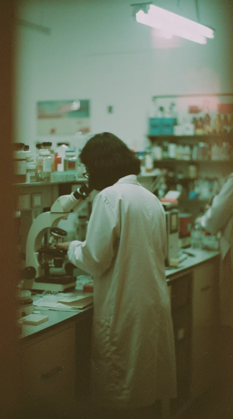 A lab-coated scientist hunches over a microscope in a cluttered tropical research lab, fluorescent tube flickering overhead. Grainy analog 35mm color, slightly faded greens, documentary realism. Motion: shoulders shift as they adjust the focus knob, tube flickers, faint dust drifts in air.