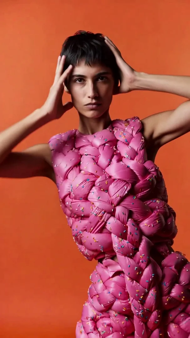 A short-haired model in a sculptural braided pink puffer dress flecked with rainbow sprinkles poses against a saturated orange backdrop, hands lifted to her head. Crisp studio key light, editorial fashion energy, bold flat color blocking. Motion: very slow push-in, subtle head tilt and shoulder shift, faint sparkle on sprinkles.