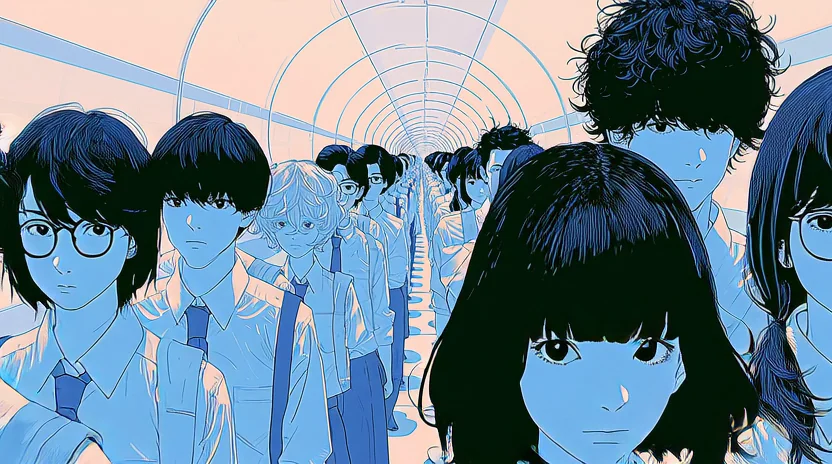 Japanese high-schoolers stand in a long corridor of concentric circular arches, rendered in flat blues and pale peach. Strong vanishing-point perspective, bold ink linework and crisp halftones in the style of Inio Asano. Wide cinematic crop, quietly melancholic. Motion: slow dolly forward into the corridor, faint hair sway, halftones shimmer subtly.