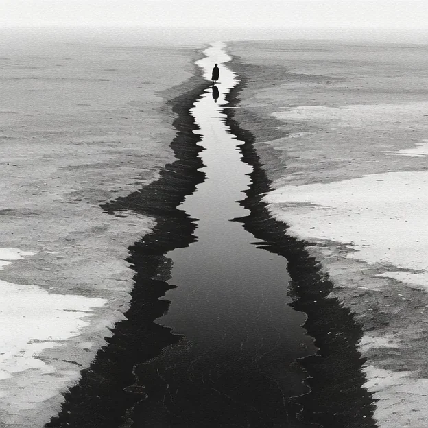Surreal black-and-white aerial of a tiny figure walking along a jagged dark river splitting a vast snowy plain. High contrast print-style grain, lonely and graphic. Motion: slow top-down pull-back, figure paces forward, river shimmer, grain pulses.