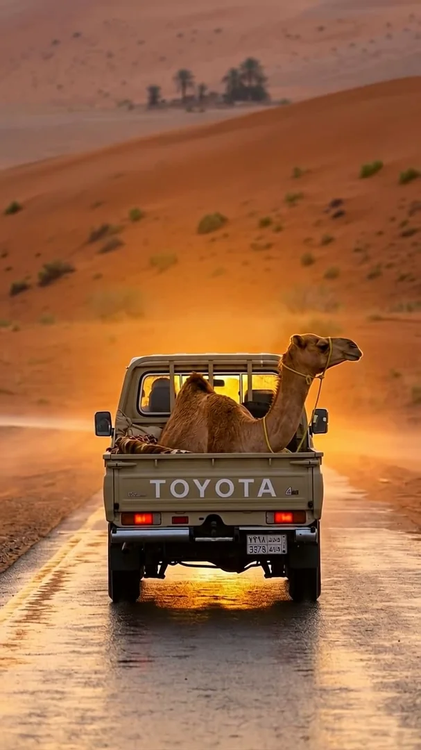 A weathered Toyota pickup rolls down a wet desert highway at golden hour, a single dromedary camel riding upright in the bed, neck stretched toward distant palms and dunes. Centered rear composition, warm amber backlight bouncing off the asphalt. Hazy dust, 35mm film tone, quietly surreal. Motion: truck drives away from camera, dust kicks up behind tires, camel head sways gently.