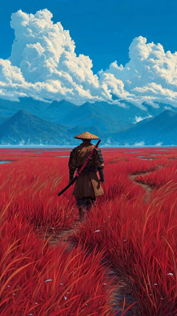 A lone samurai in a kasa hat walks away through a vivid crimson grass field beneath towering cumulus clouds and a deep cobalt sky, distant blue mountain ridges behind. Bold flat anime illustration, painterly and wide. Motion: he walks slowly forward, grass ripples, clouds drift across the sky.