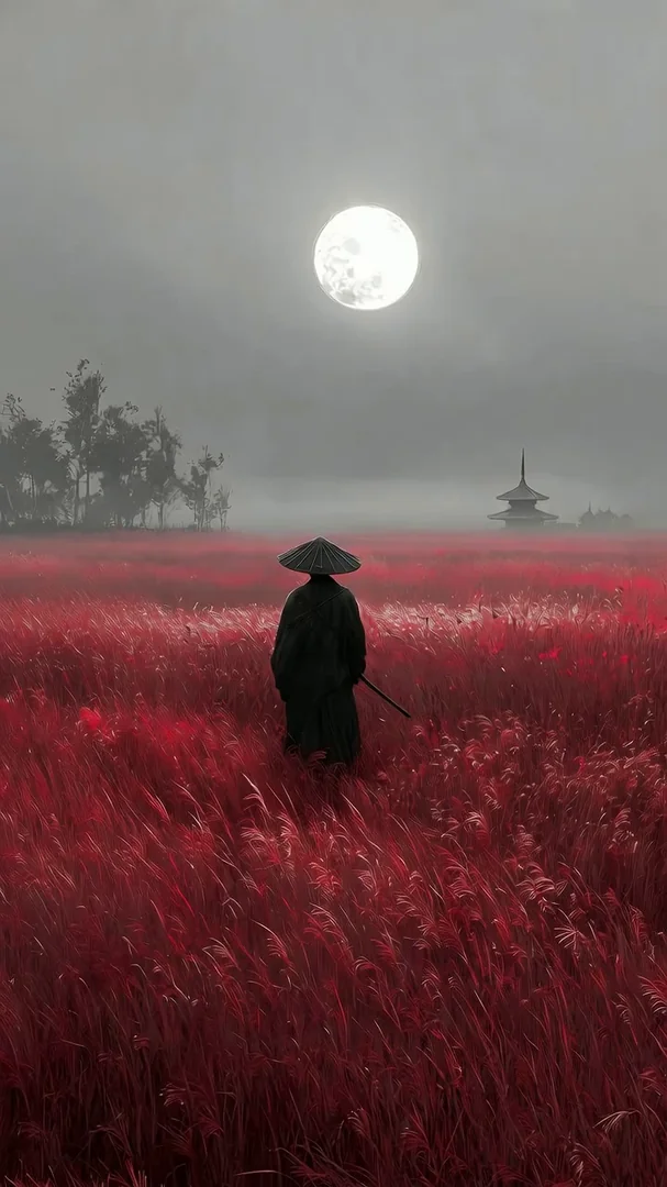 A lone samurai in a kasa hat stands knee-deep in a misty crimson field of grass under a huge pale moon, a distant pagoda silhouetted on the right. Selective red pop against soft greys, painterly fog. Motion: slow pull-back, grass ripples in the breeze, fog drifts across, robes flutter.