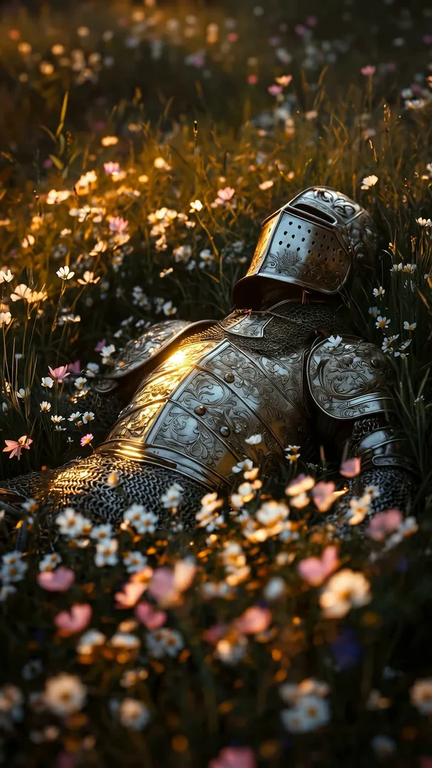 An ornately engraved silver knight rests on his back in a wildflower meadow at golden hour. Daisies and pink blooms catch sun flares against polished armor and chainmail. Macro depth, painterly bokeh, peaceful fantasy realism. Motion: gentle breeze sways flowers, sun flare drifts across the armor, slow micro pan.