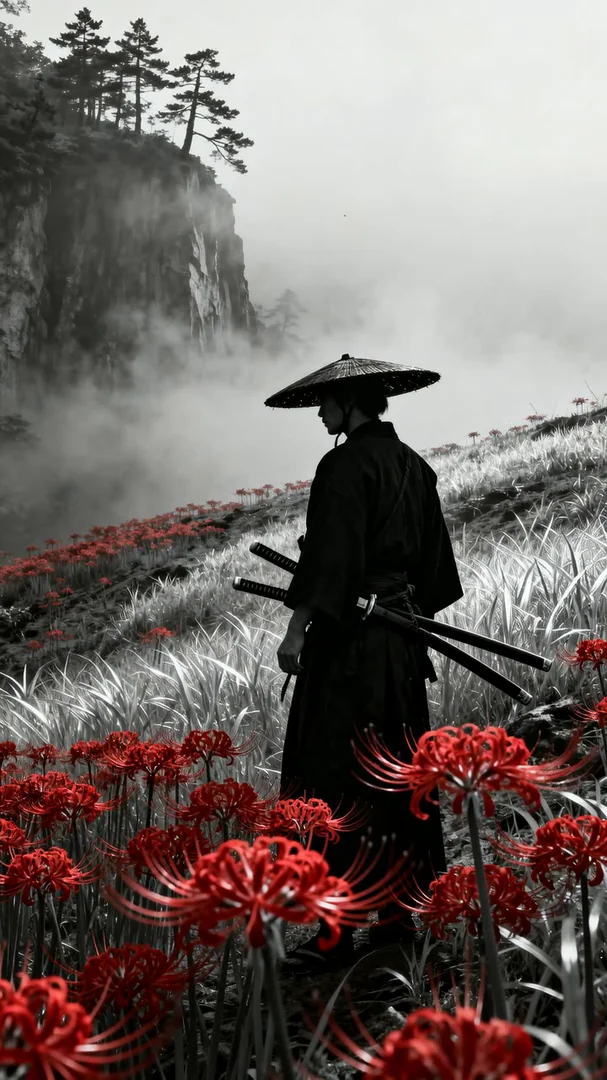 A lone samurai in a kasa hat stands silhouetted on a misty hillside of red spider lilies, mountain cliffs and pines rising behind in monochrome fog. Selective red color pop, painterly stillness. Motion: slow push-in, fog drifts past, red petals tremble, robes flutter gently.
