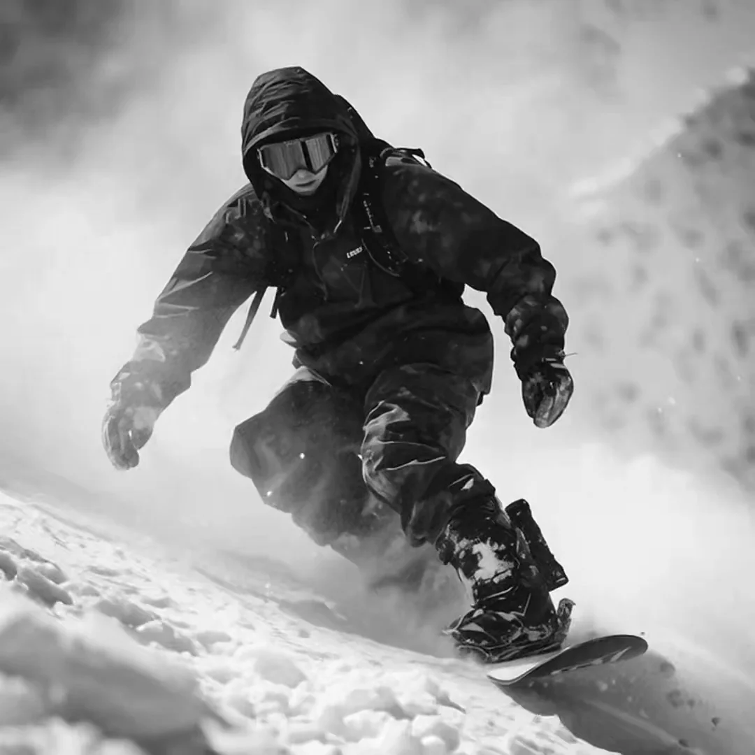 Black-and-white action frame of a hooded snowboarder carving down a steep face, goggles fogged, powder spraying around the board. High contrast grain, frozen mid-arc, raw mountain energy. Motion: slow-motion follow shot, powder explodes outward, jacket flaps in wind.