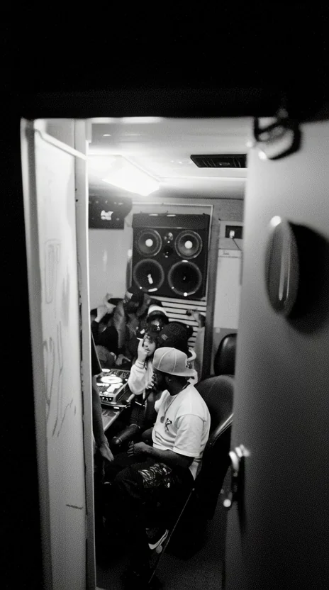 Black-and-white film shot peering through a cracked trailer door into a cramped trap studio: two figures in snapbacks crowd around a massive monitor speaker. Heavy grain, single overhead bulb, raw documentary realism. Motion: slow dolly toward the doorway, smoke curls, bulb sways, figures nod to the beat.