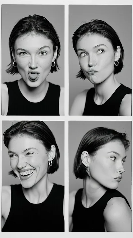Black-and-white photo-booth quad of a short-haired woman in a black tank top making expressive faces — tongue out, puckered lips, wide-mouth laugh, side-eye profile. Studio key light, playful editorial portraiture. Motion: each frame cycles its expression in tiny micro-loops, hair shifts, eyes blink.