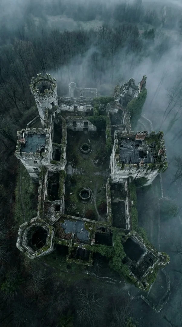 Cinematic aerial drone shot of an abandoned moss-covered castle adrift in dense forest fog. Soft grey mist creeps over crumbling towers and roofless courtyards. Atmospheric, melancholic, painterly. Motion: slow circular orbit overhead, fog drifts through ruins, distant treetops sway.