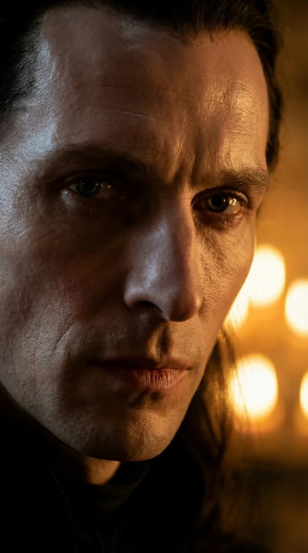 Cinematic extreme close-up of a long-haired man in a candlelit gothic interior, half his face caught in warm bokeh from a row of flickering flames. Quiet menace, oil-painting realism. Motion: very slow push-in, candles flicker, eyes shift subtly, faint breath visible.