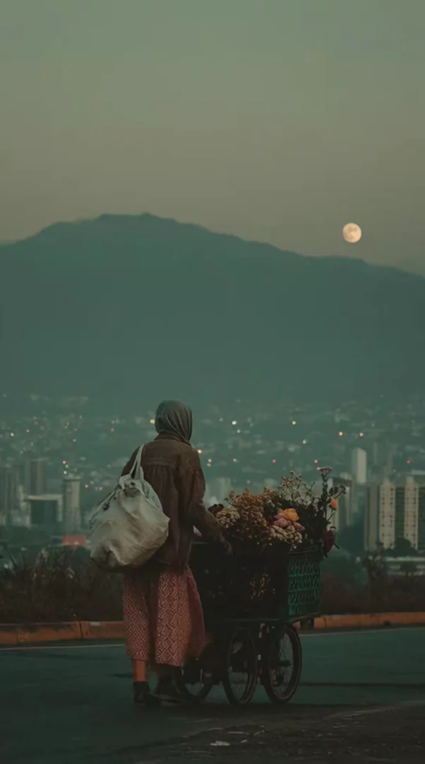 Cinematic wide of an elderly woman in a headscarf and patterned skirt pushing a flower cart along a hilltop road at dusk. Distant city lights twinkle below the misty hills as a pale moon rises. Quiet, painterly, deeply human. Motion: slow telephoto follow, cart wheels turn, flowers nod, faint city lights flicker.