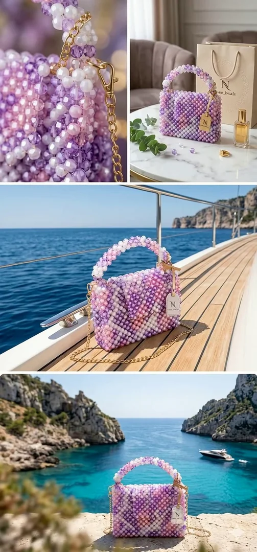 A luxury collage of a handmade lavender-and-pink beaded handbag — macro detail of the beadwork, a styled marble-table flatlay with packaging and perfume, then the bag posed on a yacht deck and a cliffside cove. Premium product reel energy. Motion: each shot drifts slowly, beads sparkle, sea ripples in background, gentle product rotation.