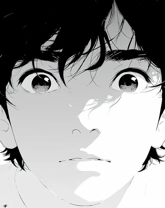 Extreme close-up manga panel of a young man's face dominated by wide glossy eyes and a slight downturned mouth, hair falling across his forehead. Black-and-white ink linework, soft toned shading, quietly emotional. Motion: micro zoom, single slow blink, hair shifts faintly, tear catchlight grows.