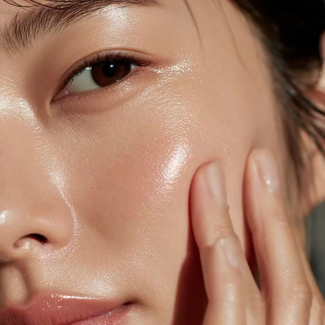 Hyper-tight beauty close-up of a young Asian woman's face as her fingertip presses against her glossy, hydrated cheek. Skin texture, soft lashes and dewy highlights rendered in crisp macro detail. Editorial skincare ad energy. Motion: micro push-in, fingertip glides across the cheek, eyes shift, slow blink.