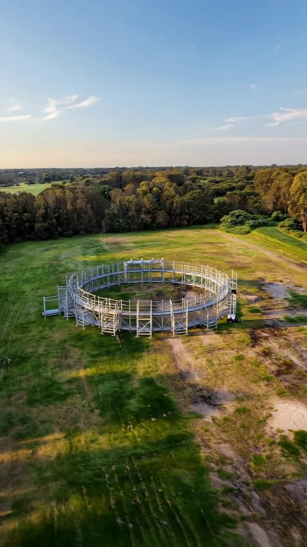 Sunset drone shot orbiting a large circular metal-scaffold structure standing in an empty rural meadow, ringed by dense eucalyptus forest. Warm golden light rakes the grass. Quiet documentary realism. Motion: slow aerial orbit, long shadows sweep across meadow, treetops sway.