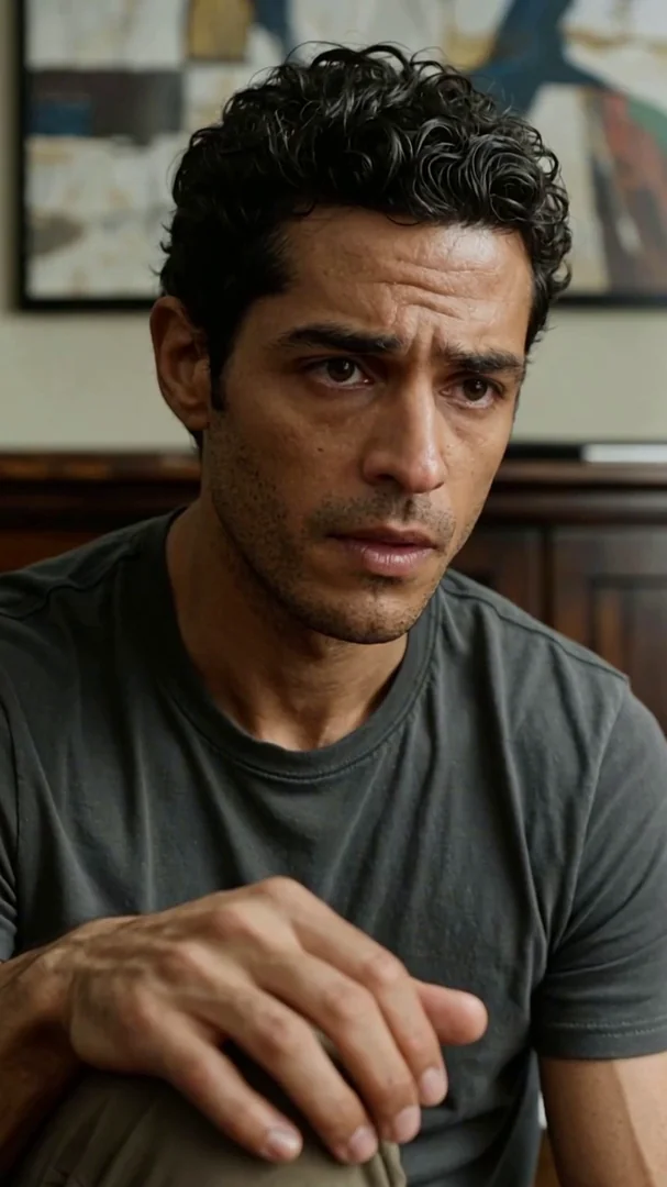 A Latino man in his 30s with curly black hair sits alone on a couch, brow tense, gaze drifting off-camera. Soft daylight, neutral palette, abstract painting on the wall behind. Restrained, character-driven realism. Motion: slow micro push-in, fingers fidget, eyes drift, breath rises softly.