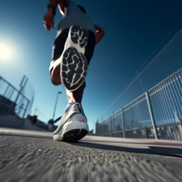 Ground-level close-up of a jogger's grey running shoe pushing off pavement against a deep blue sky, wire fence and stadium lights in the background. Shallow depth, dynamic perspective, sport-ad sharpness. Motion: foot pushes off, dust scatters, camera tracks alongside, distant flags ripple.