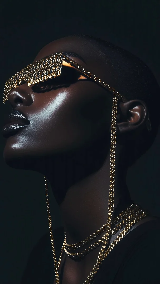 Profile portrait of a dark-skinned model bathed in low-key light, chin lifted toward a warm rim glow. She wears blocky gold-chain sunglasses and layered cuban-link necklaces against a near-black backdrop. Sculptural, glossy, luxe. Motion: very slow push-in, faint chain sway, micro head lift, glints travel across the gold.