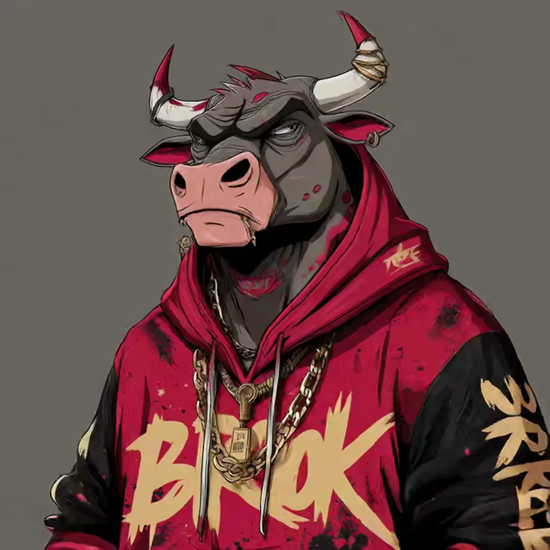 An anthropomorphic bull in a crimson streetwear hoodie reading 'BLOCK', layered gold chains and a chipped horn. Comic-book ink linework with painterly shading, attitude-heavy character portrait. Motion: slow push-in, chains swing slightly, eyes narrow, faint smirk twitch.