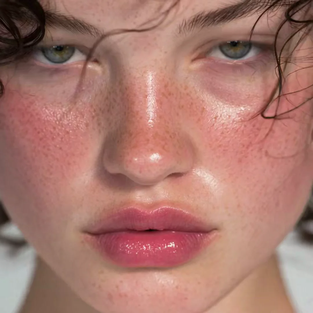 Ultra-tight beauty portrait of a freckled young woman with damp curly brown hair, glossy lips and flushed pink cheeks. Sharp specular highlights catch every droplet on her skin. Editorial macro lens, soft daylight, raw and intimate. Motion: micro push-in, slow blink, lips part slightly, stray hairs drift.