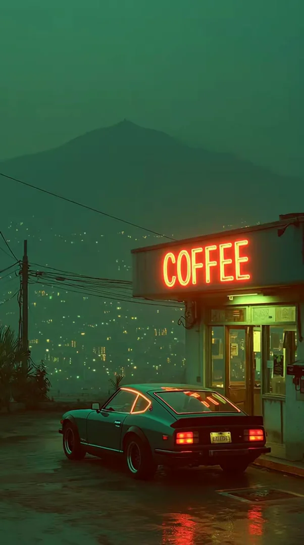 A vintage Datsun 240Z parked outside a hilltop diner whose neon 'COFFEE' sign glows orange against a foggy teal night. Distant city lights flicker below the misty mountain. Cinematic moody color grade, 80s neo-noir wallpaper energy. Motion: slow drift forward, neon hums and flickers, fog rolls past, distant lights twinkle.