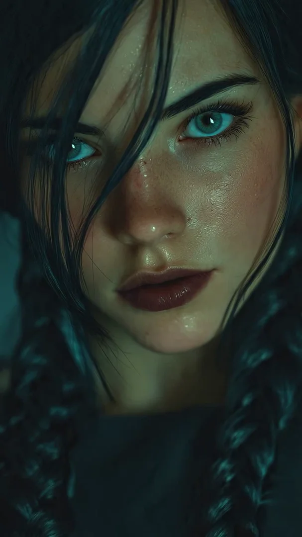 Intense close-up of a young woman with dark braids and piercing pale-blue eyes, skin slick with rain, dark lipstick. Cool teal shadows, sharp catchlights, moody fantasy-noir realism. Motion: very slow push-in, slow blink, lips part, water droplets slide down her cheek.