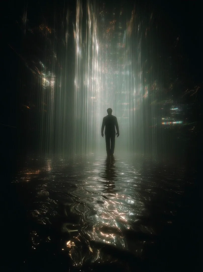 A lone silhouetted figure stands almost motionless on a dark reflective water floor inside a vast cathedral of ultra-fine vertical light threads descending from above. Soft shimmer, delayed bright reflections, monumental and spiritual cinematic realism. Motion: light threads slowly descend, the floor reflection brightens with a delay, figure remains still.