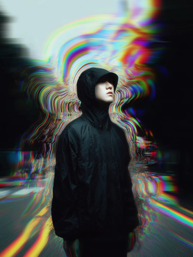 A hooded figure in black streetwear stands almost motionless on a wet night street, head tilted slightly skyward. A dense rainbow chromatic-distortion field ripples and drags upward behind their head, smearing the city into prismatic streaks. Cinematic, restrained, surreal. Motion: figure holds still, rainbow refraction layers swell and drift upward in slow waves.