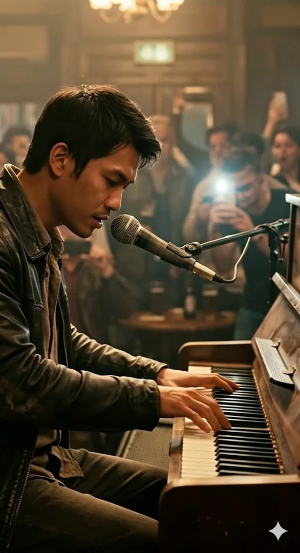 An Asian musician plays piano and sings into a vintage microphone inside a dim warm-toned bar, crowd raising phones to film. Tight medium shot, soft warm key light, intimate concert atmosphere. Motion: hands move across keys, mouth shapes lyrics, phone flashes pulse in the background crowd.