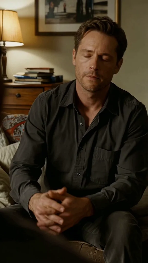 A Latino man in a charcoal shirt sits on a sofa in a dimly lit living room at night, hands clasped, eyes closed. Soft tungsten lamp glow, framed art behind. Quiet emotional realism, character-study cinematic. Motion: very slow push-in, slow breath rise-and-fall, eyes flicker beneath lids, lamp pulses.
