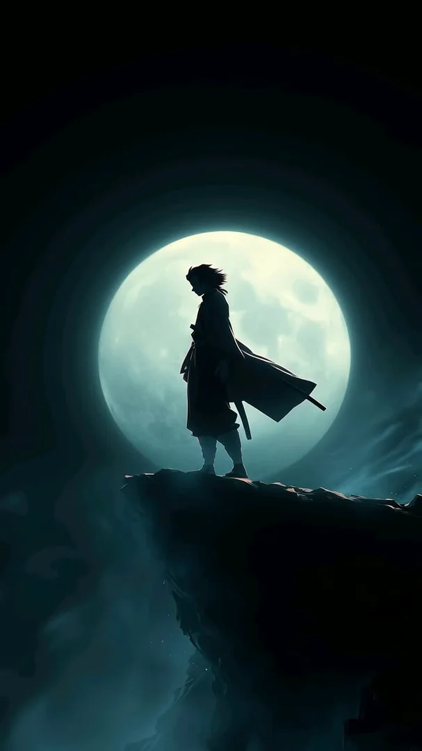 A lone samurai in flowing robes stands silhouetted atop a cliff inside the disc of a huge pale moon. Soft tonal mist around the rock, painterly digital illustration with dreamy depth. Motion: robes flutter, mist swirls, moon glow pulses subtly, slow camera drift.