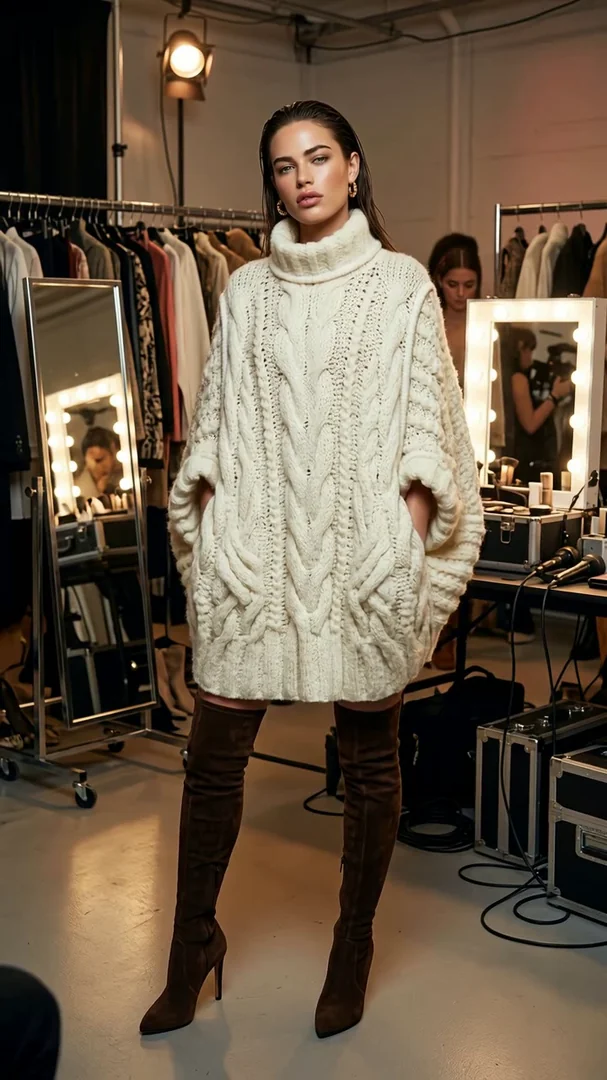 A fashion model in an oversized cream cable-knit sweater dress and tall brown suede boots stands confidently on a studio backstage floor, flanked by clothing racks and ring-lit mirrors. Backstage editorial energy, soft tungsten warmth. Motion: micro pose adjust, hair flicks, ring lights flicker, garments sway on racks.