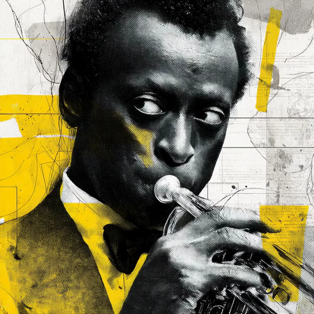Stylized black-yellow monochrome portrait of a Black jazz trumpeter mid-performance, eyes closed, lips pressed to the mouthpiece. Mixed-media collage backdrop of sheet music and ink scribbles. Smoky, soulful, graphic. Motion: slow push-in, fingers tap valves, faint smoke curls past, ink elements shimmer.