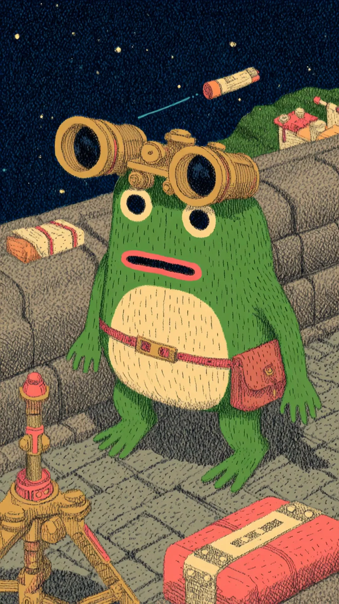A charming flat-illustrated frog soldier perched on a moonlit cobblestone wall, wearing brass binoculars and a leather harness, a tiny rocket whizzing past in the starry sky behind. Storybook cuteness, warm palette. Motion: frog's eyes scan, binoculars wobble, rocket arcs across sky, stars twinkle.