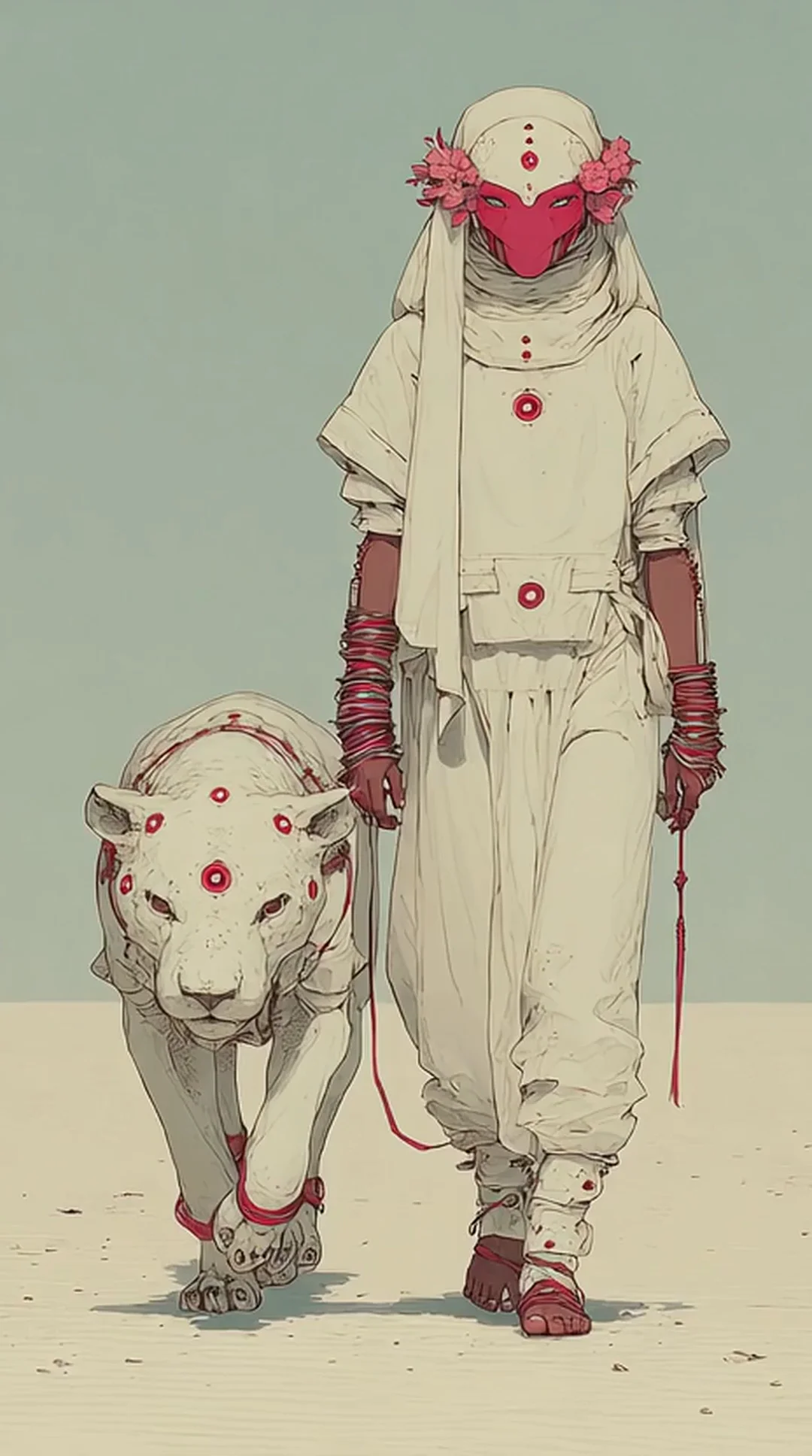 A masked desert wanderer in flowing cream robes leads a white tiger painted with red ceremonial dots across pale sand. Flat editorial illustration, muted earth palette, Moebius-inspired stillness. Motion: both walk slowly forward, robes billow, sand drifts past their feet.