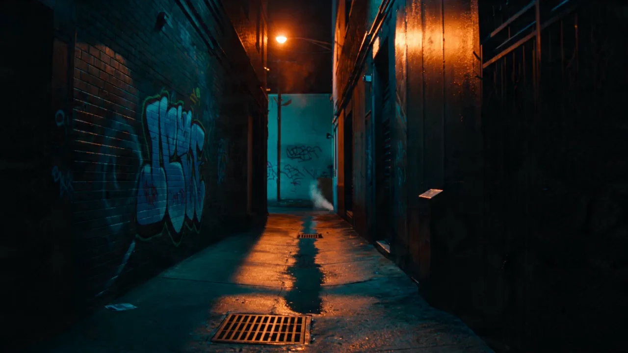 A narrow back alley at night, wet pavement reflecting a single warm sodium streetlamp against deep teal shadows. Graffiti tags glow on the brick wall, distant mist drifting through the corridor. Cinematic urban quiet. Motion: slow dolly forward, steam vents, mist drifts past, lamp flickers, distant cat darts.