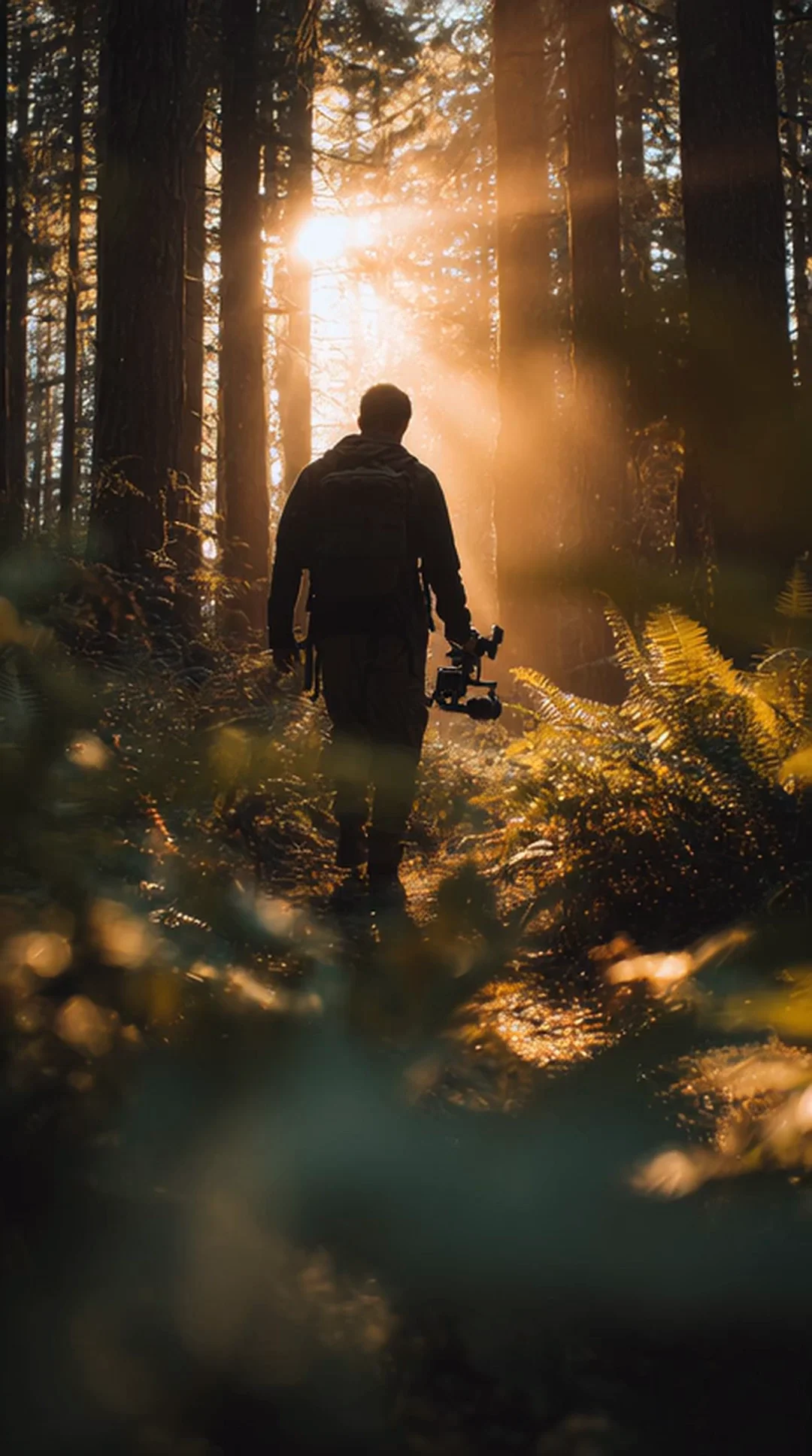 A silhouetted videographer with a gimbal walks through a fern-filled redwood forest as golden sunbeams burst through tall trunks. Lens flare, dust motes, warm volumetric light. Adventure-film vlog energy. Motion: handheld follow, sunbeams drift, ferns sway, dust particles float through light shafts.