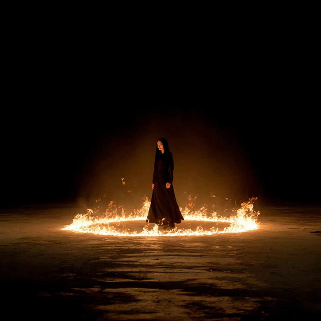 A dark-haired woman in a long black gown walks inside a perfect ring of real flames on a vast scorched plain. Orange firelight carves her silhouette out of pitch-black night. Minimal, ritualistic, cinematic. Motion: she paces slowly, flames roar and flicker, ash drifts across the frame.
