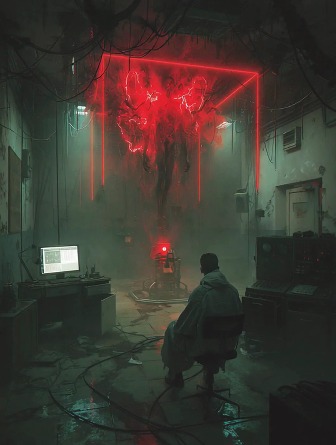A lone operator in a hooded coat sits before a glowing CRT inside a decaying industrial lab, dangling wires and a red neon glyph hovering overhead in mist. Dystopian concept-art atmosphere, teal-and-crimson palette, cinematic depth. Motion: slow push-in, mist drifts across the frame, neon glyph pulses faintly, CRT flickers.