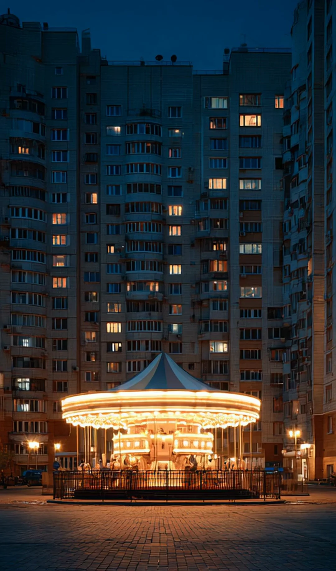 A glowing white-and-gold carousel spins in the courtyard of towering Soviet-era apartment blocks at blue hour, warm bulbs reflecting on the brick-paved square. Symmetrical wide composition, nostalgic and cinematic. Motion: carousel rotates slowly, bulbs twinkle, distant windows flick on, gentle camera drift forward.